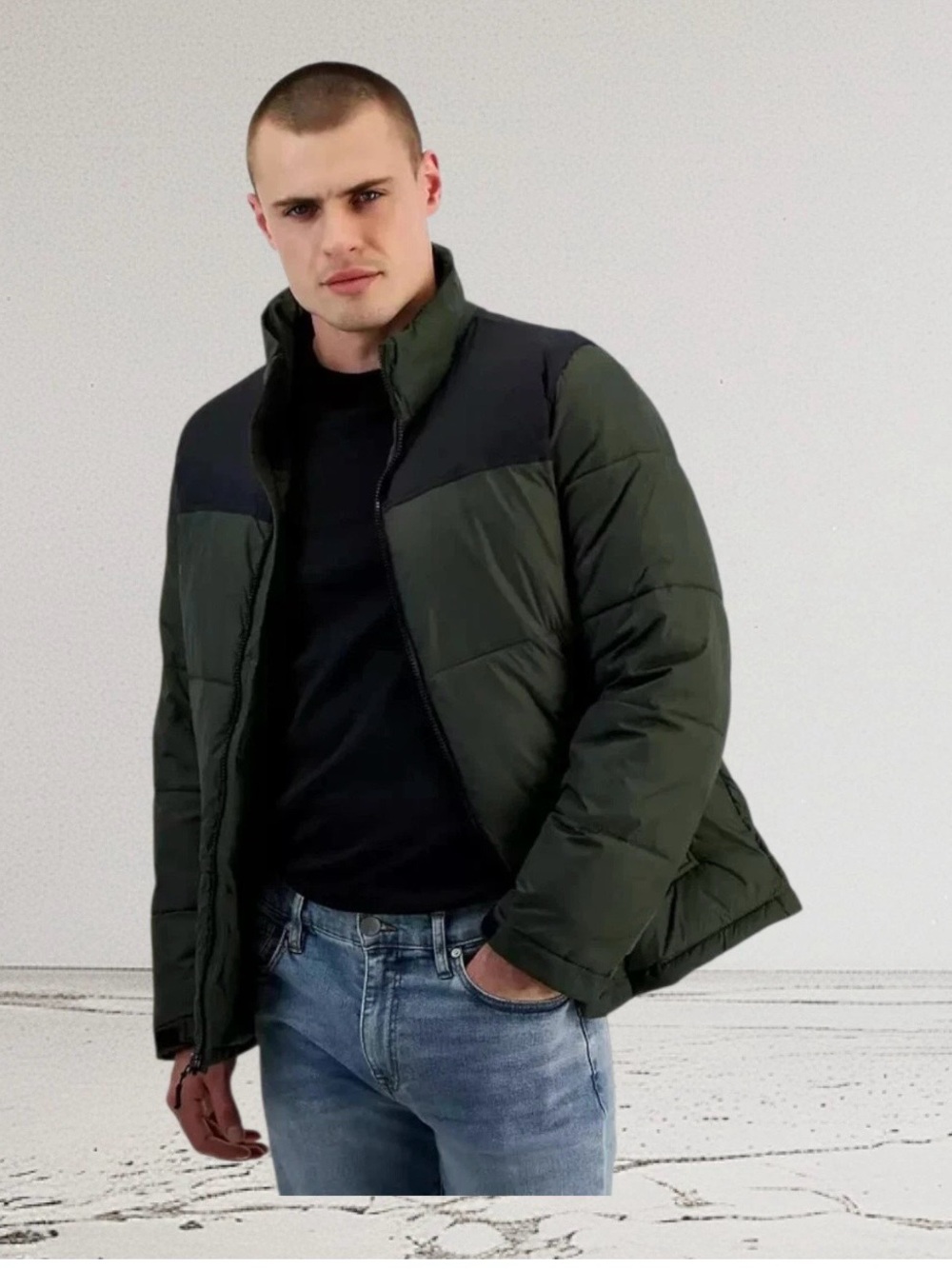 Club Room Olive Green Puffer Jacket with Black Yoke